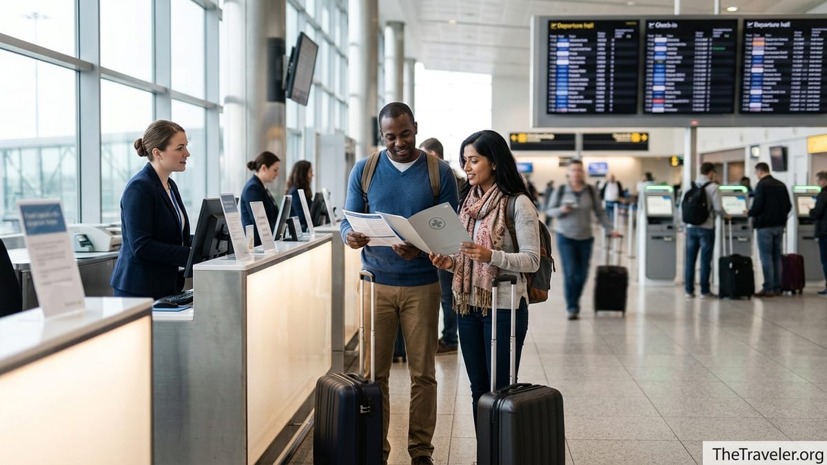 Travelers review their insurance documents at an airport information counter before departure.
