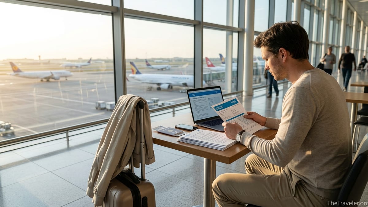 Traveler in an airport lounge comparing travel insurance documents with planes visible outside large windows.