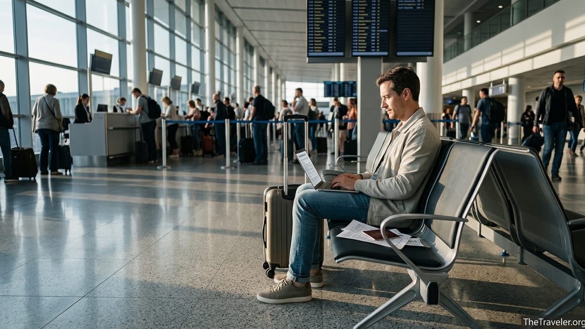 Traveler at an airport gate comparing travel insurance documents on a laptop.