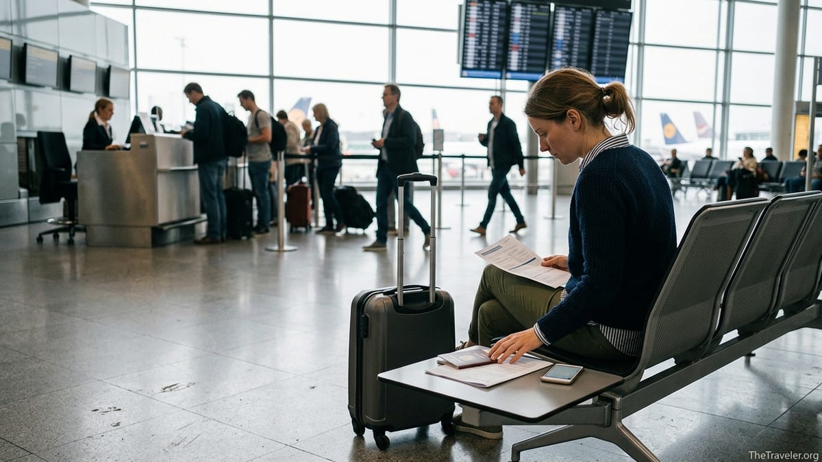 Traveler reviewing insurance documents at an airport gate with luggage nearby.