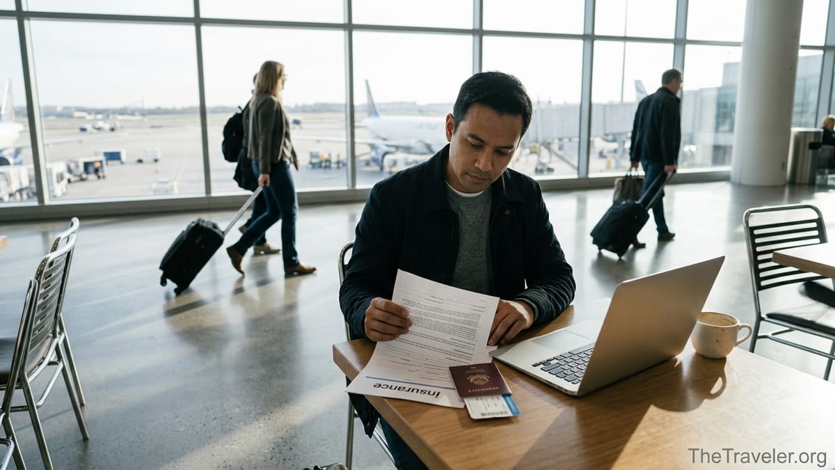 Traveler reviewing printed travel insurance documents in an airport lounge.