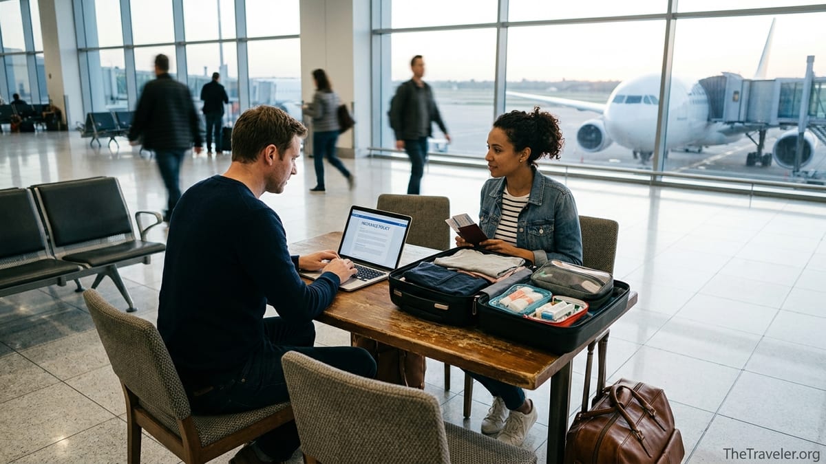 Travelers in an airport lounge reviewing travel insurance on a laptop before a flight.