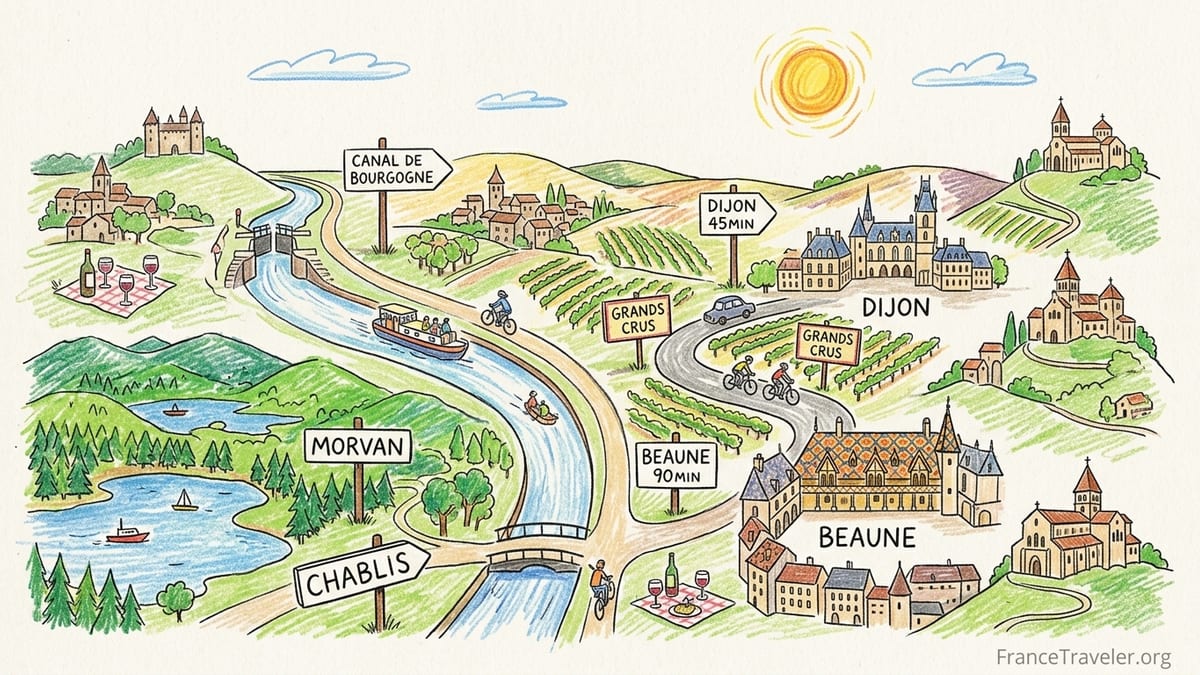 Cyclists on a country road passing Burgundy vineyards and a stone village under a bright summer sky.