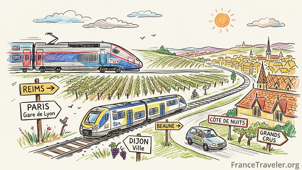 Vineyards in Burgundy with a country road, small car and passing train near a stone village at sunset.