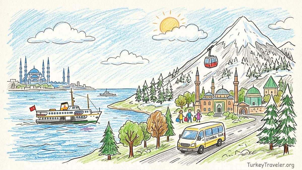Cable car climbing Uludağ above pine forests with Bursa city spread out on the plain below.