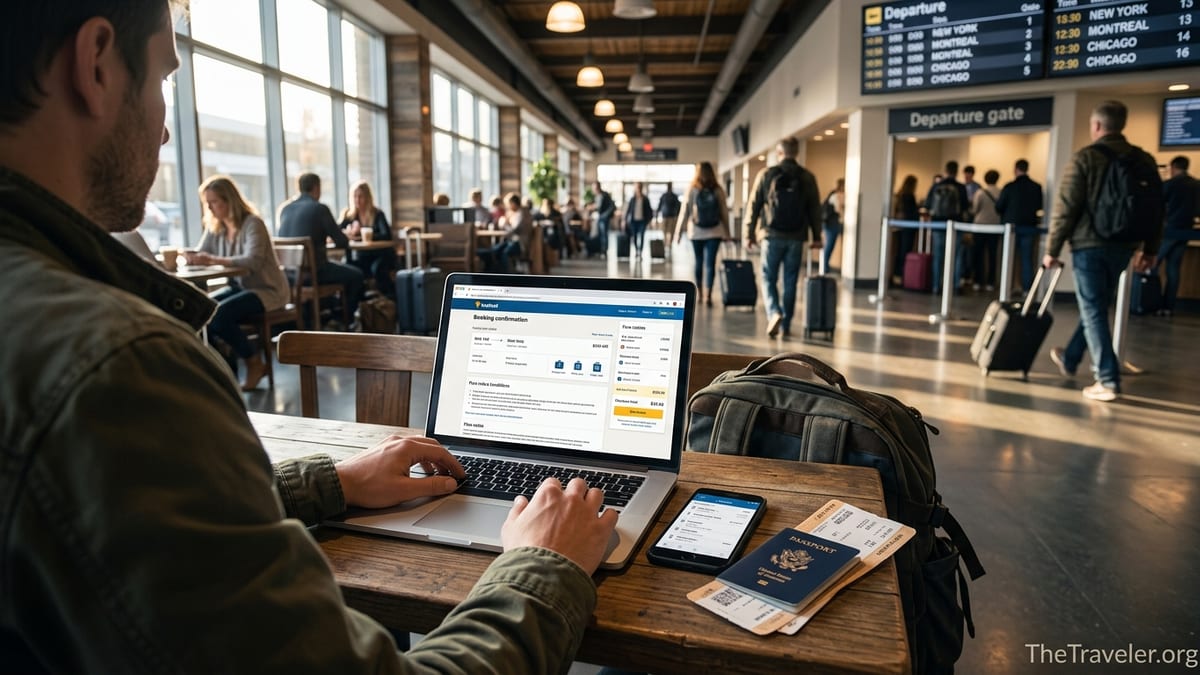 Traveler reviewing Busbud booking details on laptop and phone in a busy bus station café.