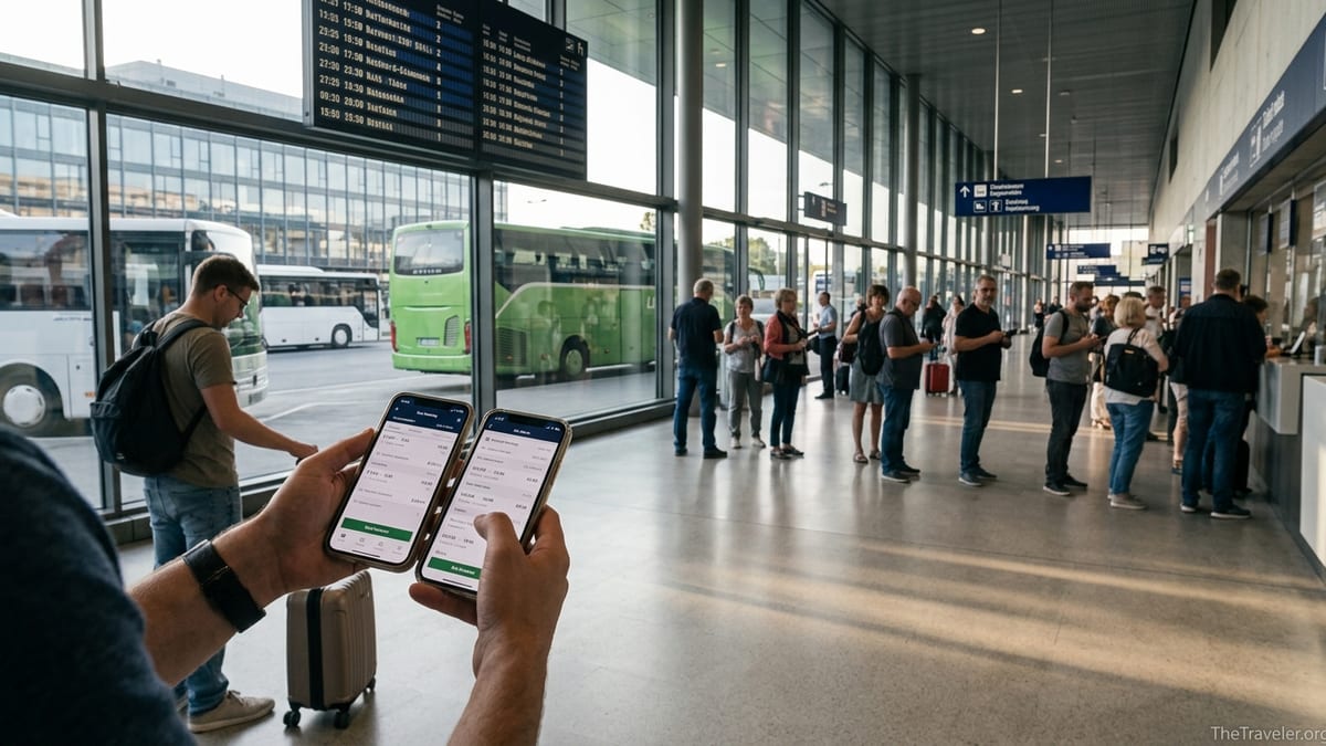 Traveler comparing bus booking apps on a phone inside a busy European bus terminal.
