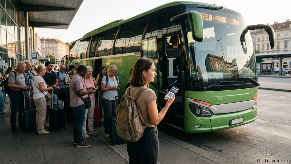 Traveler using a phone ticket beside a long-distance bus at a busy terminal.
