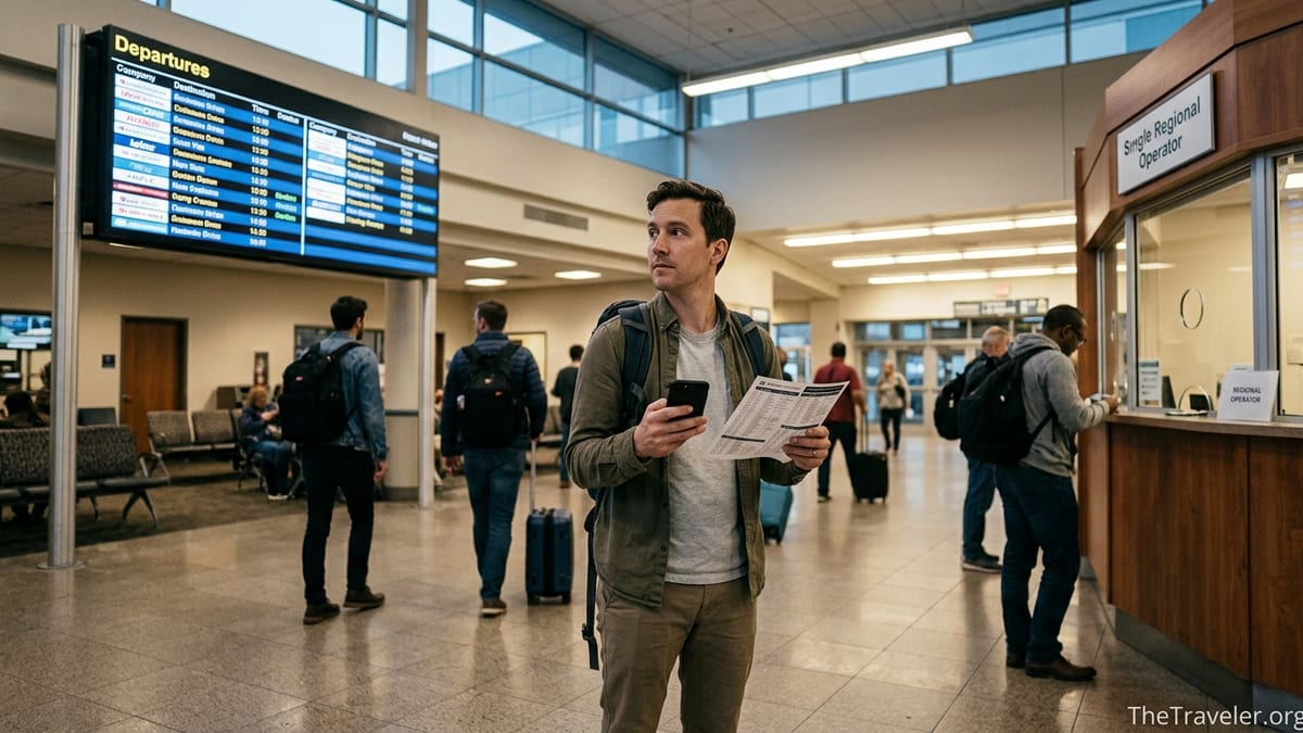 Traveler at a bus terminal deciding between app-based booking and a local ticket counter.