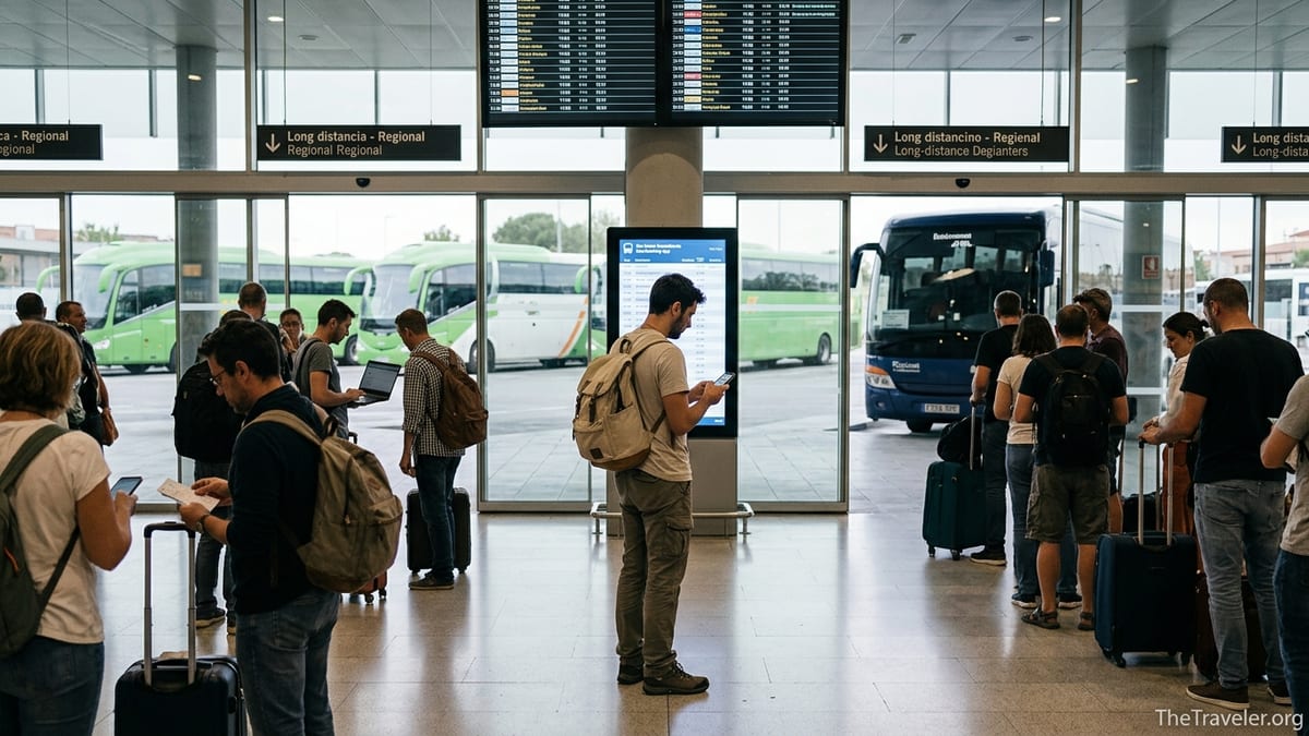 Traveler checking a bus booking app in a busy intercity bus terminal with coaches boarding outside.