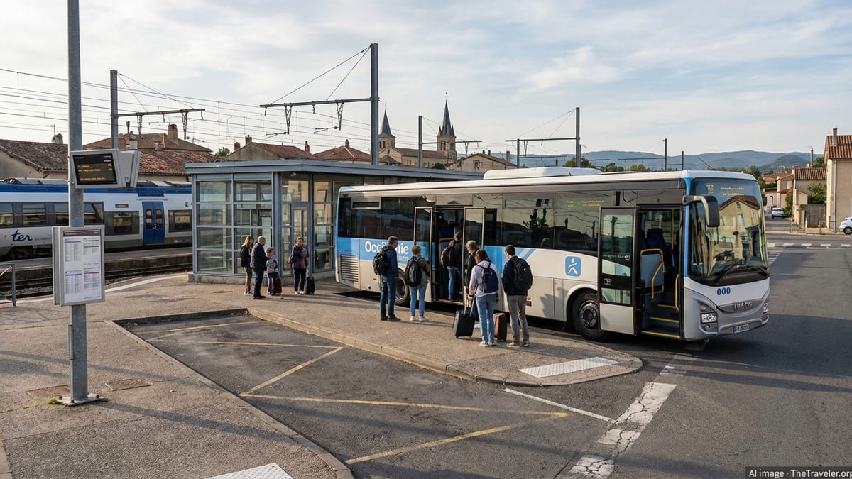 Modern regional bus beside a TER train at a small French town station.