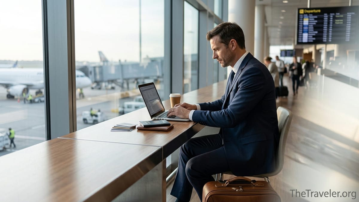 Business traveler with laptop and credit cards in an airport lounge at sunrise.