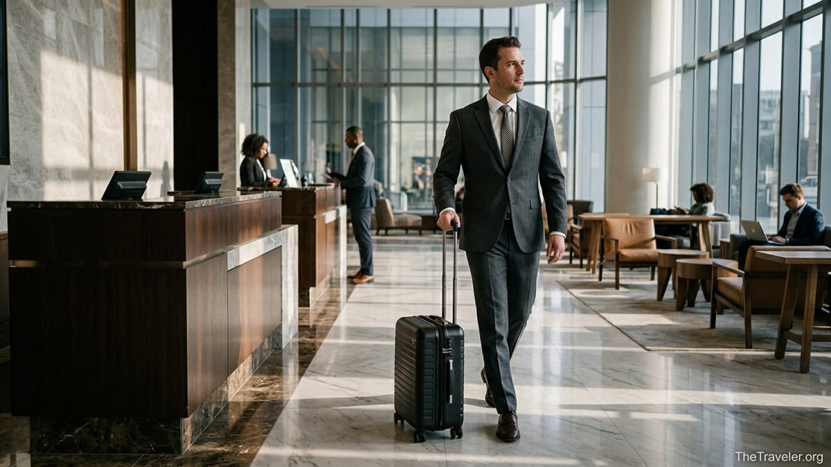 Business traveler with carry-on walking through a modern hotel lobby.