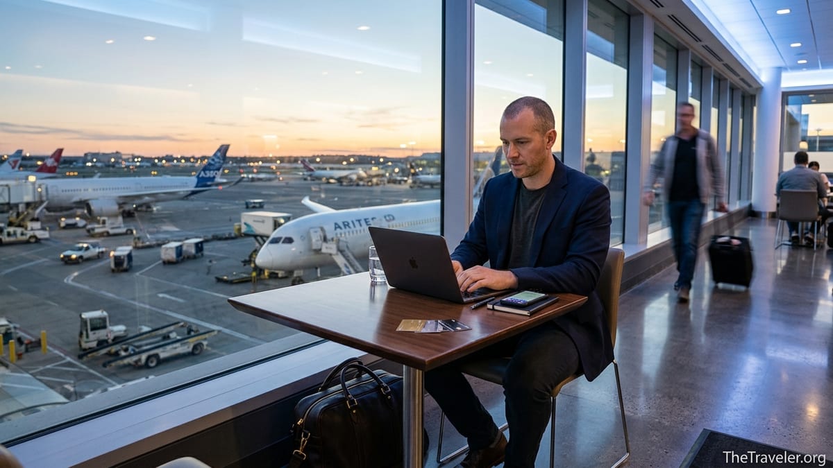 Business traveler working on a laptop in an airport lounge at dusk with planes outside.