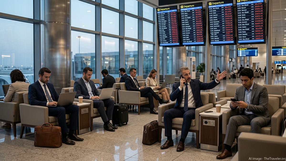 Business travelers in a Gulf airport lounge check delayed flights on screens.