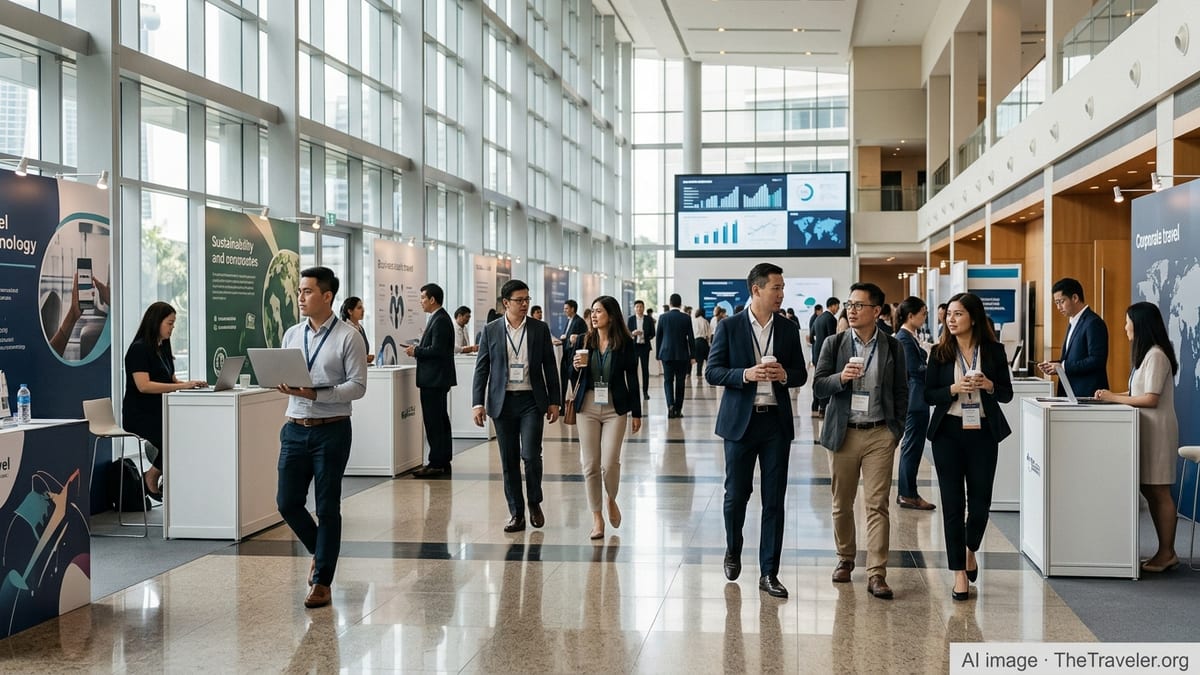 Business travel professionals networking at a technology-focused trade show in a Singapore convention center.