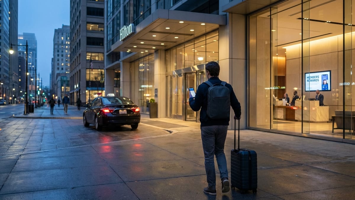 Business traveler checking Hilton Honors app outside modern Hilton hotel at dusk.