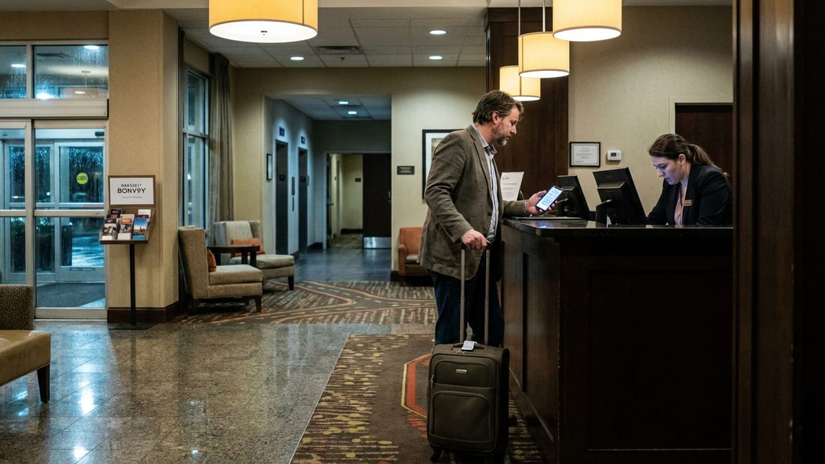 Business traveler using Marriott Bonvoy app at hotel front desk.