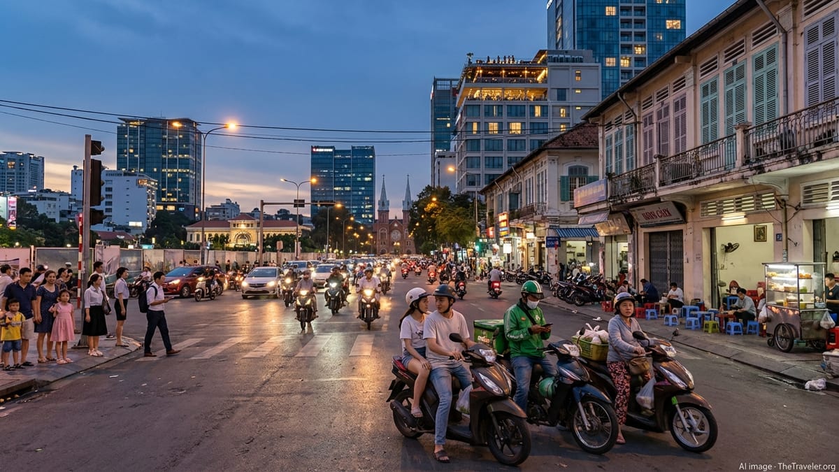 Busy evening street scene in central Ho Chi Minh City, Vietnam.