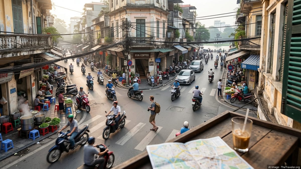 Busy morning street view from a balcony in Hanoi's Old Quarter.