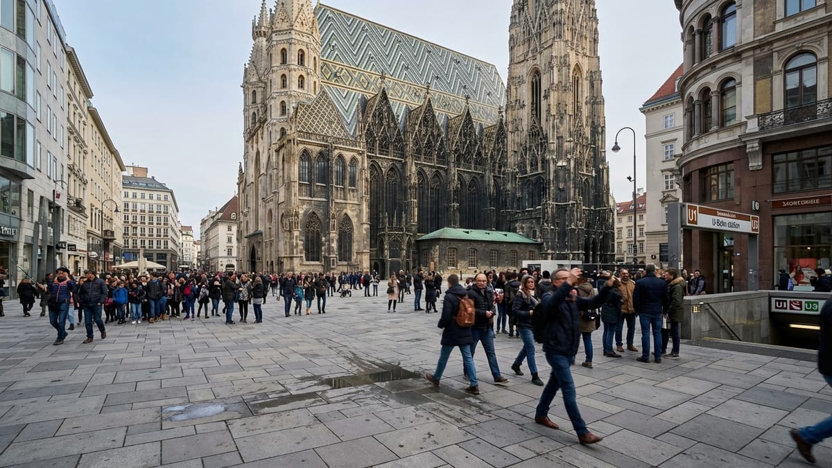 Busy morning scene at St Stephen’s Cathedral, Vienna, with tourists and local shops.