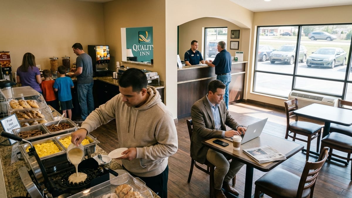 Busy morning at a typical Quality Inn breakfast area and lobby in the US. 