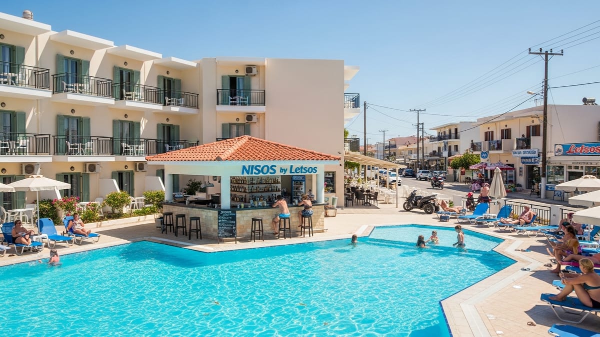 Busy summer scene at Letsos Hotel pool with guests enjoying amenities. 