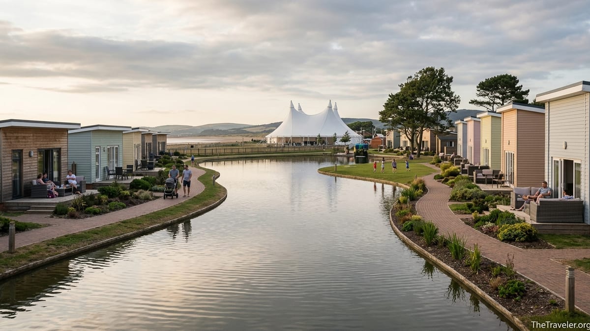 Lakeside chalets at Butlin’s Minehead at sunset with families walking by the water.