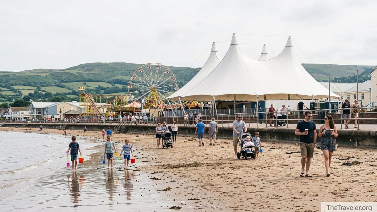 View of Butlin’s Minehead Skyline Pavilion and fairground from the sandy beach on a busy summer day.