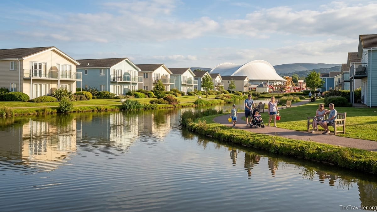 West Lakes chalets and lake at Butlin’s Minehead with Skyline Pavilion behind on a sunny afternoon.