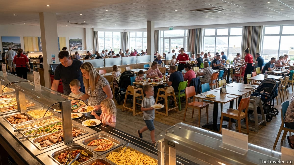 Families serving themselves at a busy buffet restaurant in Butlin’s Minehead resort.