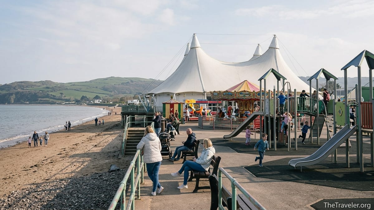 Families playing around Butlin’s Minehead fairground and Skyline Pavilion on a bright afternoon