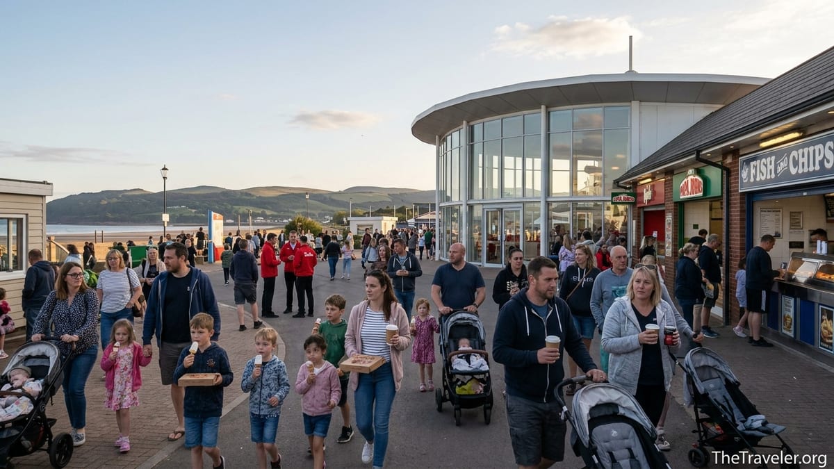 Families walking between food outlets and entertainment venues at Butlin’s Minehead in the early evening.