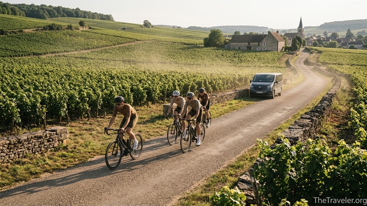 Cyclists ride through sunlit French vineyards on a luxury active travel tour.