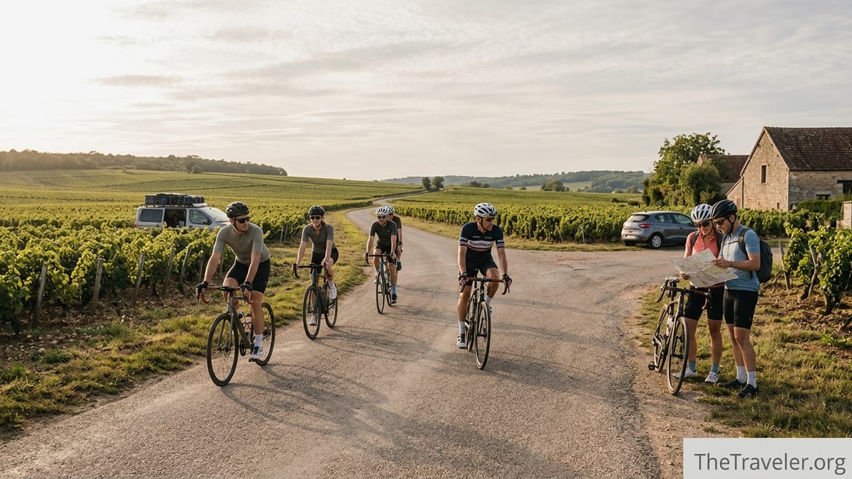 Cyclists ride through Burgundy vineyards at sunset, contrasting guided and self-planned travel styles.