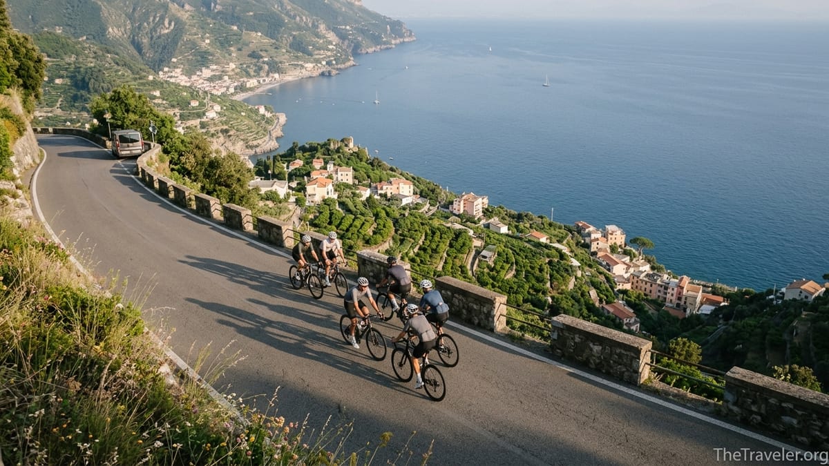 Cyclists on a coastal road above the Mediterranean on a luxury guided biking tour.