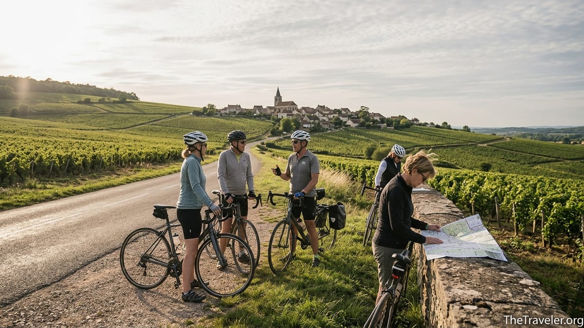 Small group of cyclists with a guide pausing beside vineyards in Burgundy at golden hour.