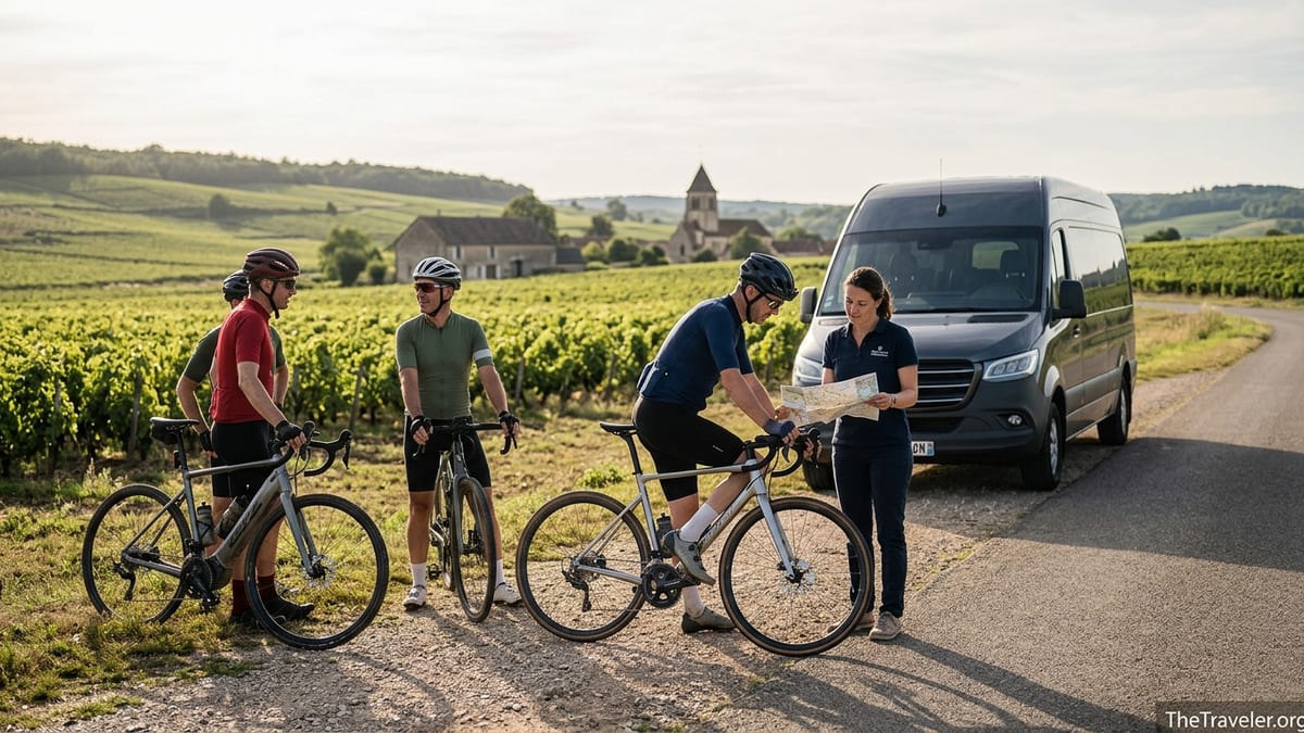 Cyclists with support van pause beside vineyards on a quiet country road in France.