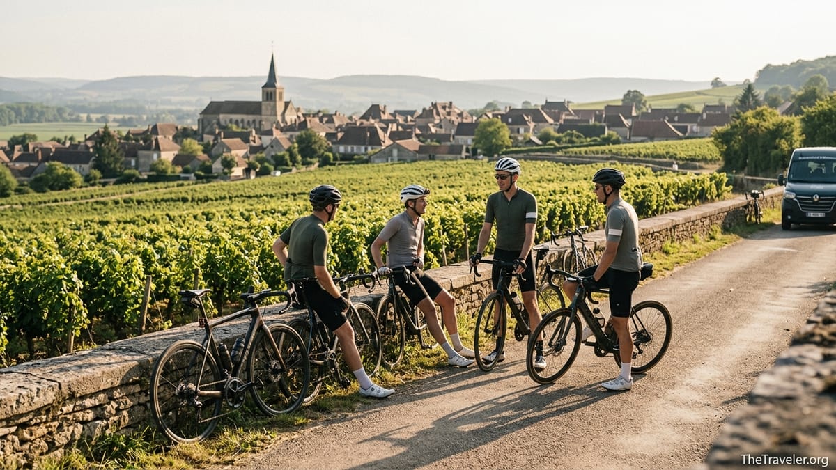 Small cycling group overlooking vineyards and a hill town in Burgundy at sunset
