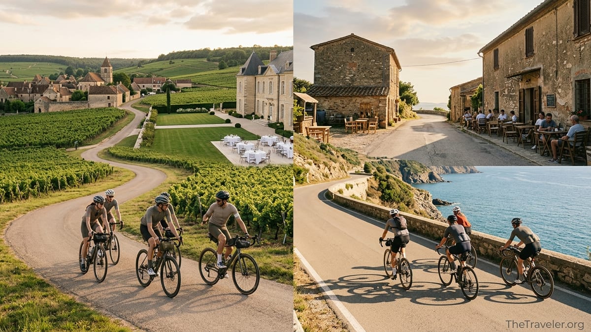 Cyclists ride through European vineyards and coastal hills toward boutique hotels at golden hour.