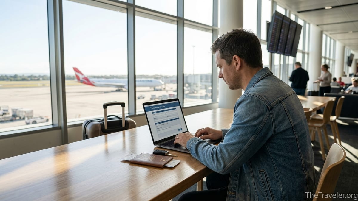 Traveller in an airport lounge reviewing travel insurance on a laptop before a flight.