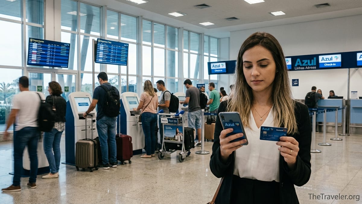 Traveler at Azul check-in in Brazil holding an Azul Itaucard near kiosks and luggage.