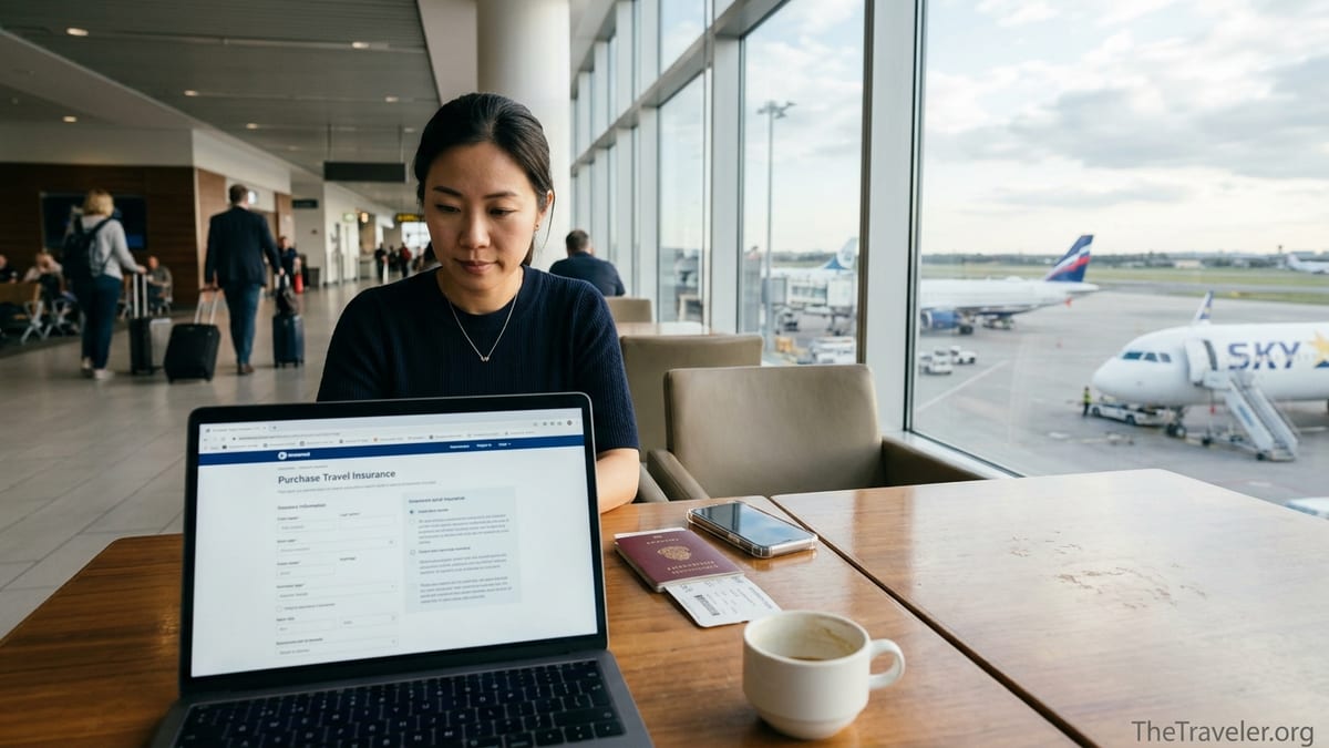 Traveler buying travel insurance on a laptop in an airport lounge.
