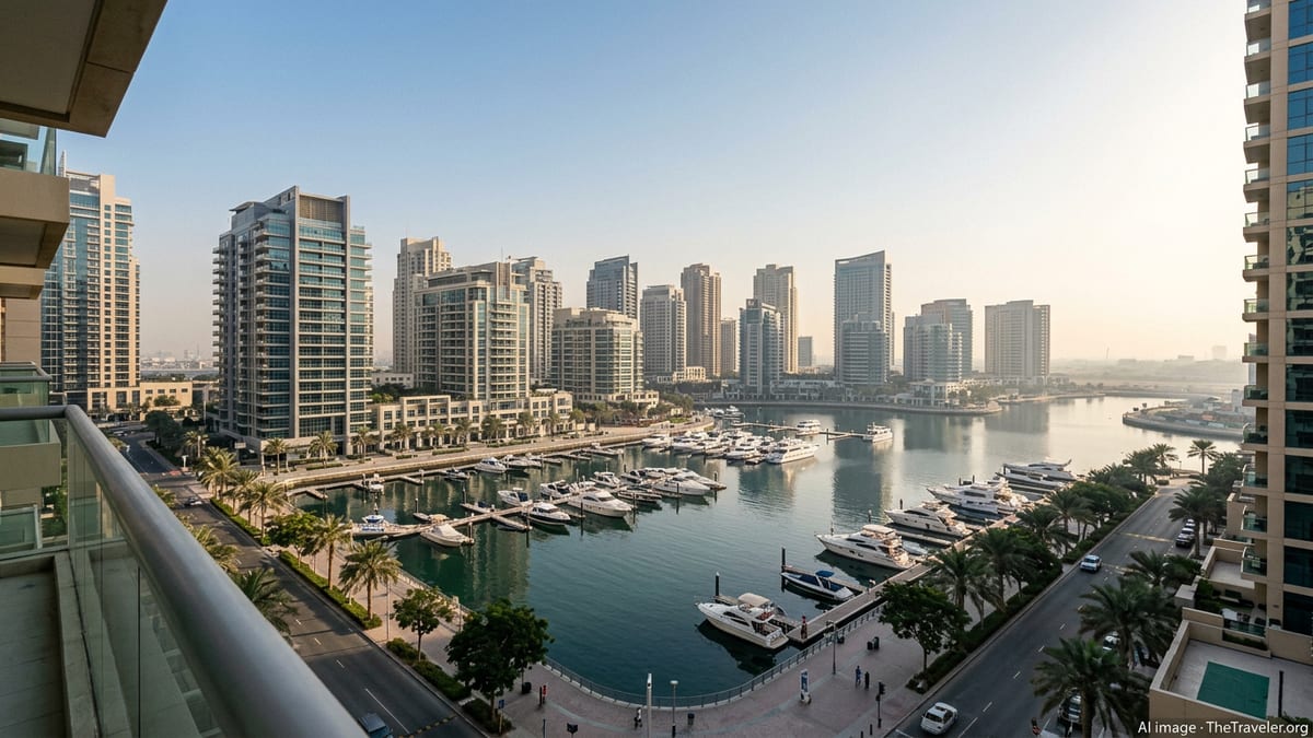 Modern Dubai marina residential towers and waterfront apartments viewed from above on a clear day.