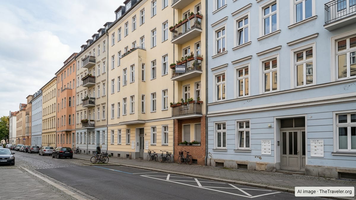 Residential German city street with apartment buildings and a subtle for-sale sign.