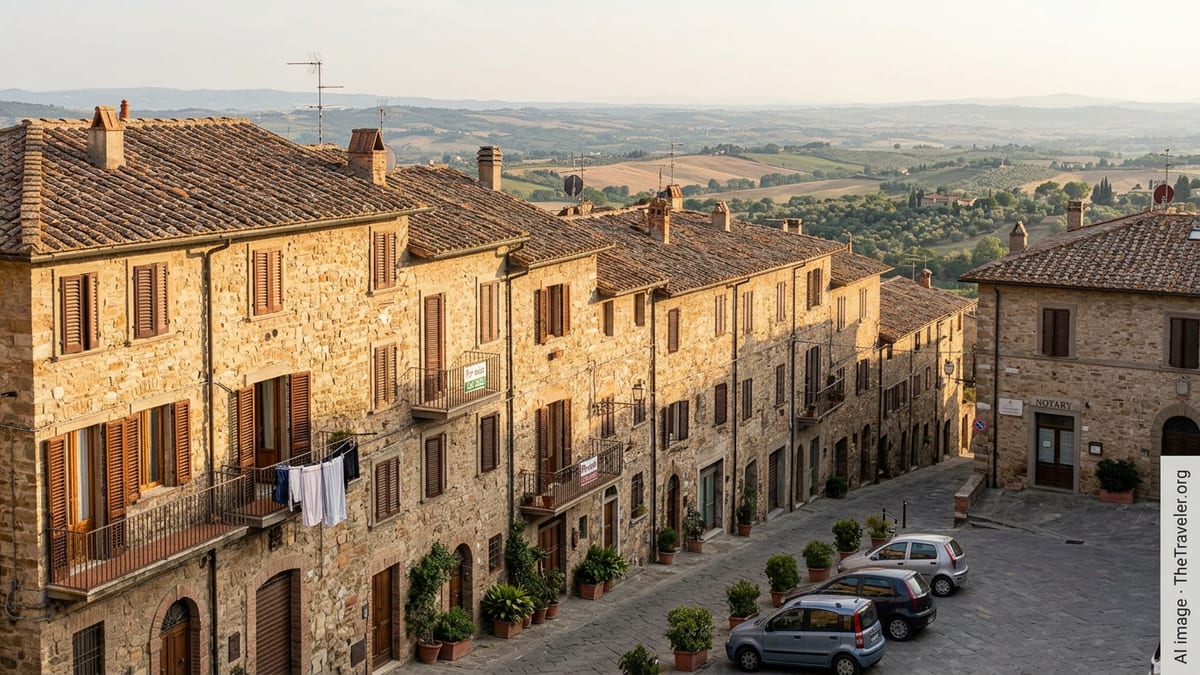 Italian hill town street with stone houses and for-sale signs at golden hour.
