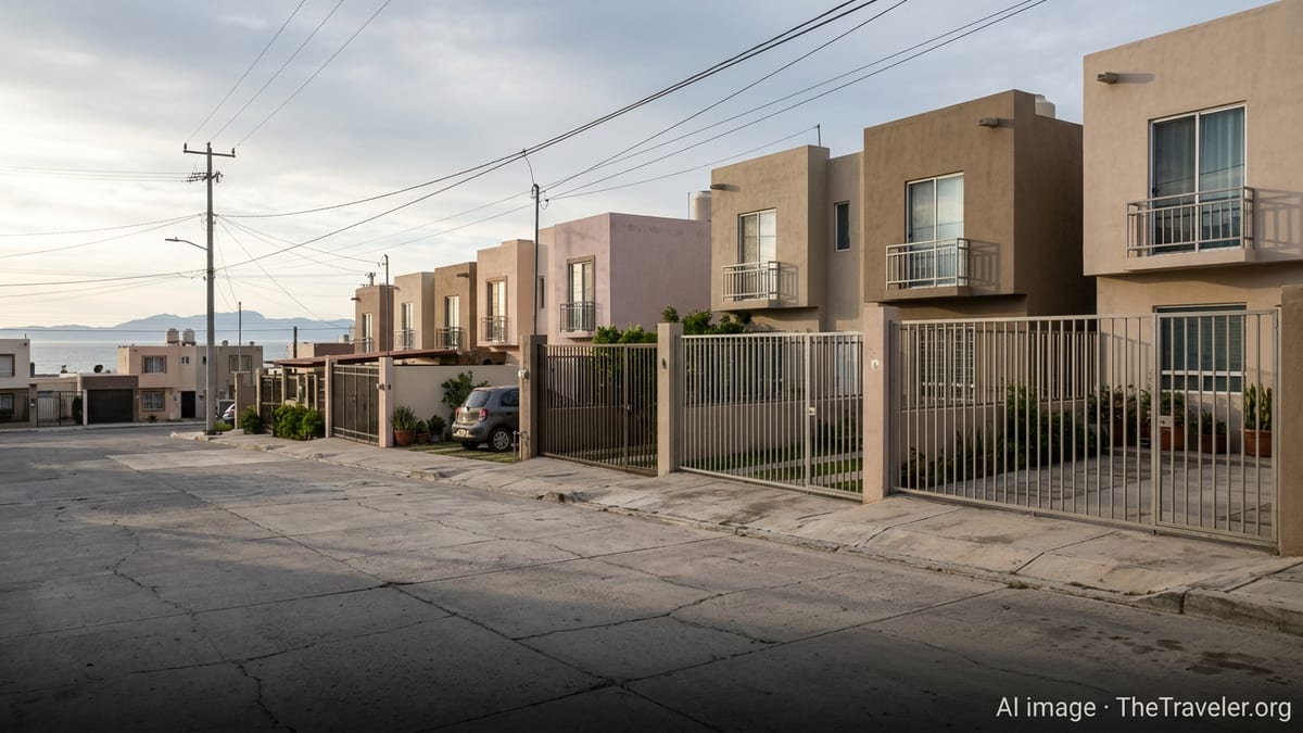 Modern coastal houses in a quiet Mexican neighborhood at sunrise, seen from street level.