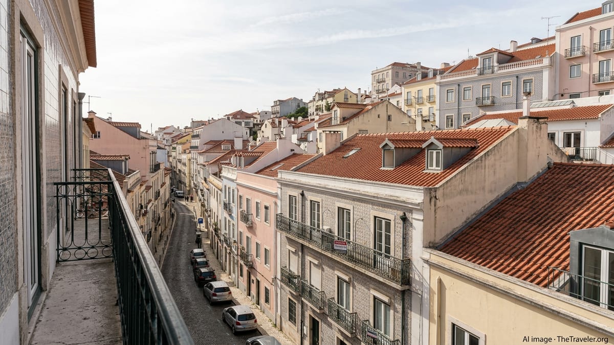 Lisbon hillside neighborhood with pastel buildings and rooftops viewed from a balcony on a clear day