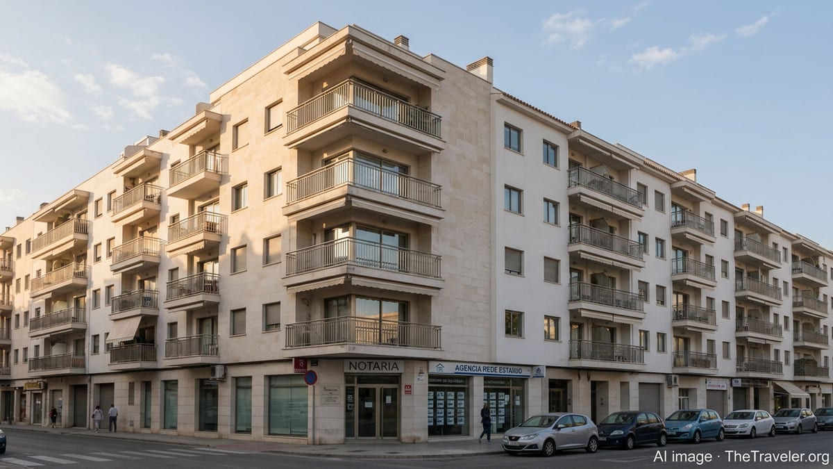 Street-level view of modern Spanish apartment buildings with balconies and real estate offices.