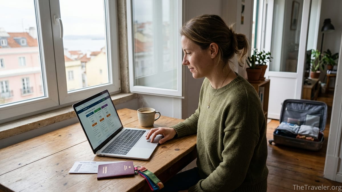 Traveler buying travel insurance online on a laptop at a bright apartment table before a trip.